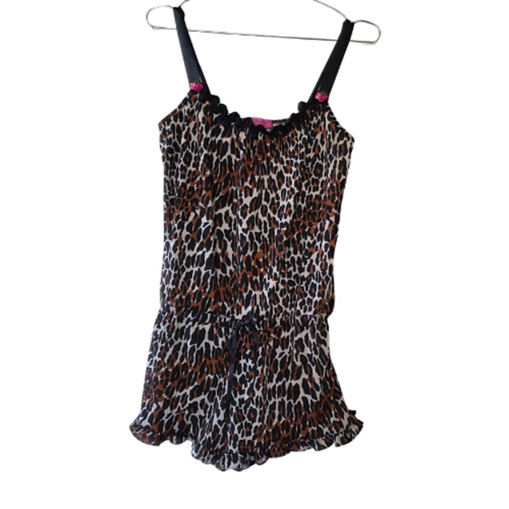 Betsey Johnson Intimates Leopard Print Romper Women Size M Brown Black Pink Trim